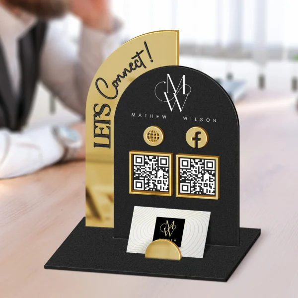 Raised Acrylic Semi + Arched QR Code Social Business Sign + Card Holder -