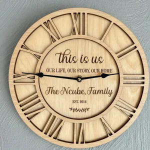 Hybrid layered and engraved wooden wall clock